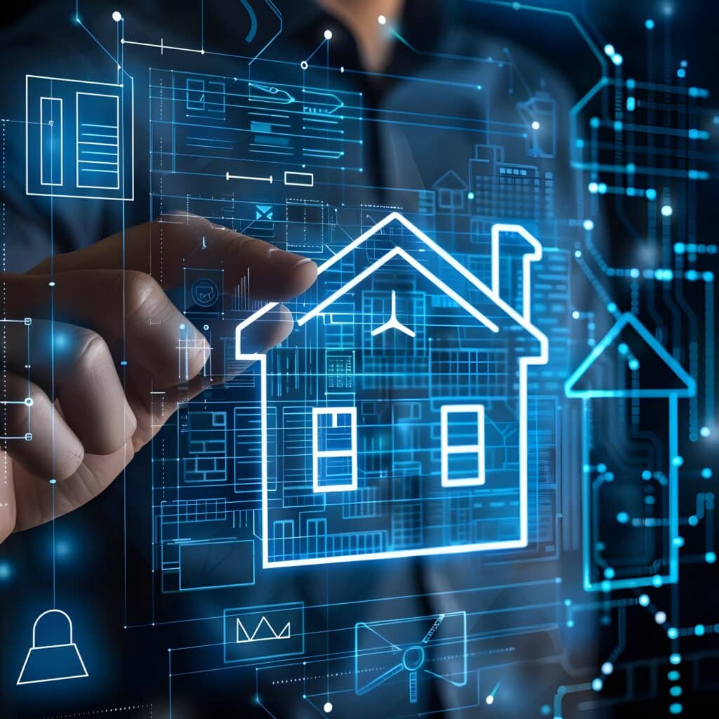 Man touching a virtual house icon for analyzing mortgage loans and real estate investments, focusing on interest rates and investment planning.