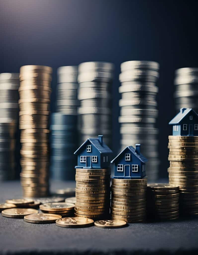 Miniature houses on coin stacks symbolize real estate investment