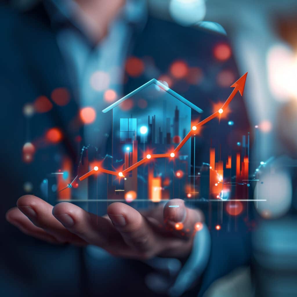 Businessman holding a holographic house with a growth graph, symbolizing real estate market analysis.