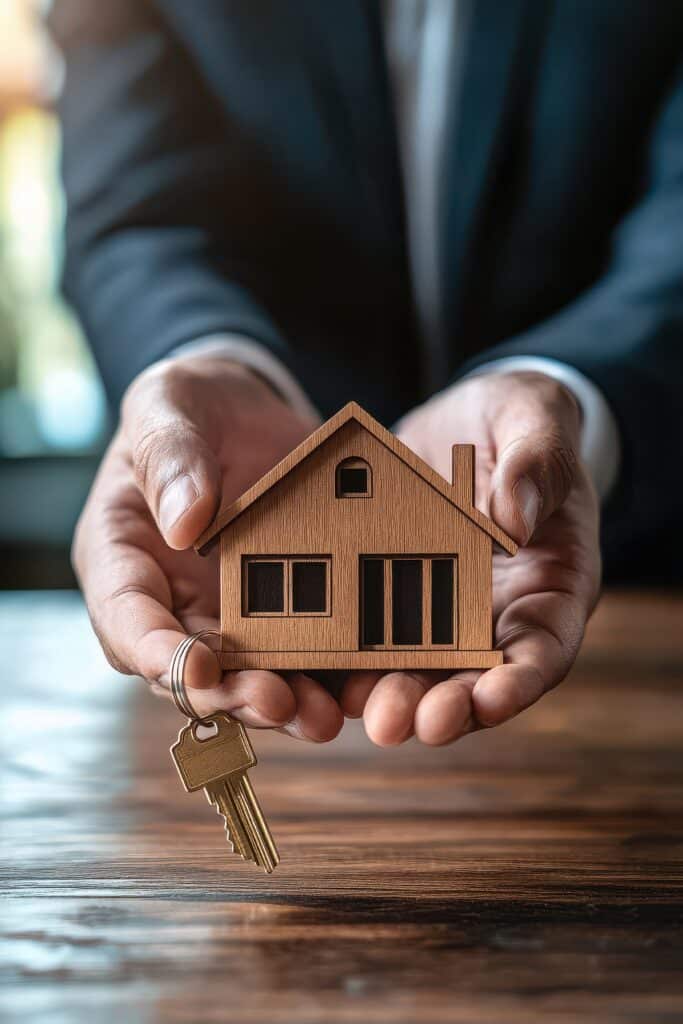 A person holding a wooden house model and keys, symbolizing home ownership and real estate investment.