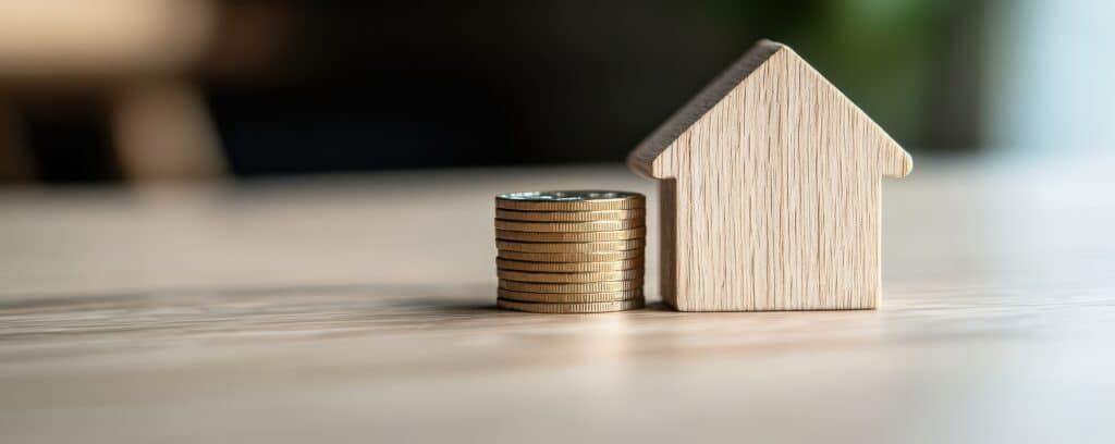 A wooden house model beside a stack of coins, representing the concepts of real estate investment and financial savings.